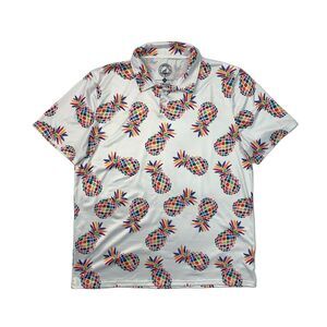 Proud 90 Polo Shirt Men 2X White Rainbow Pineapple Moisture Wicking Stretch Golf